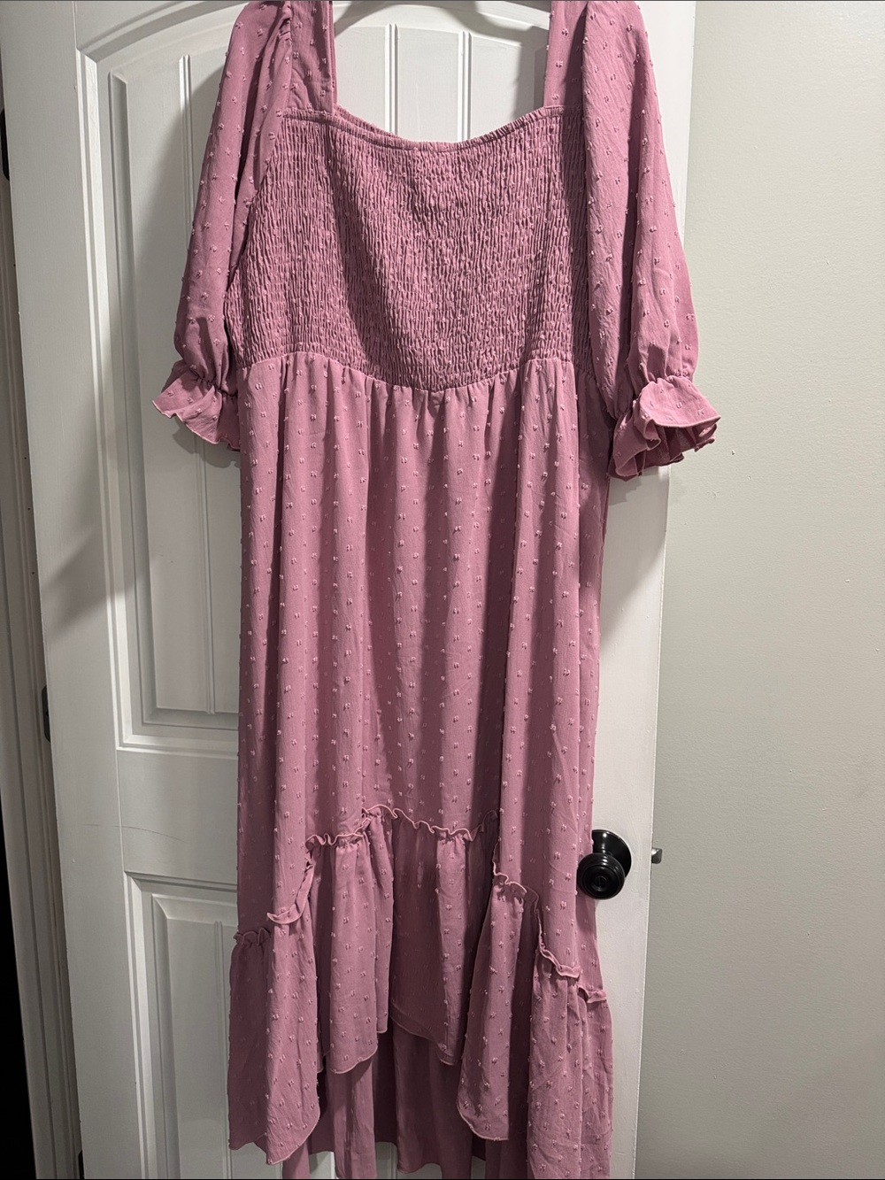 SHEIN Dusty Rose Smocked Swiss Dot High-Low Midi Dress